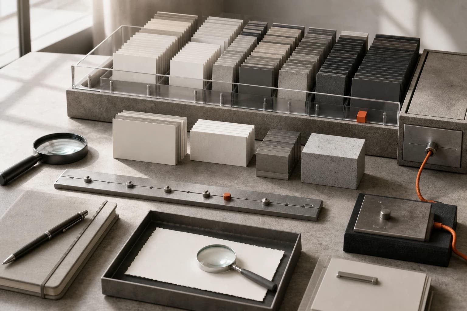 Conceptual archive with cards, magnifying glasses and a physical timeline distinguishing services and obligations