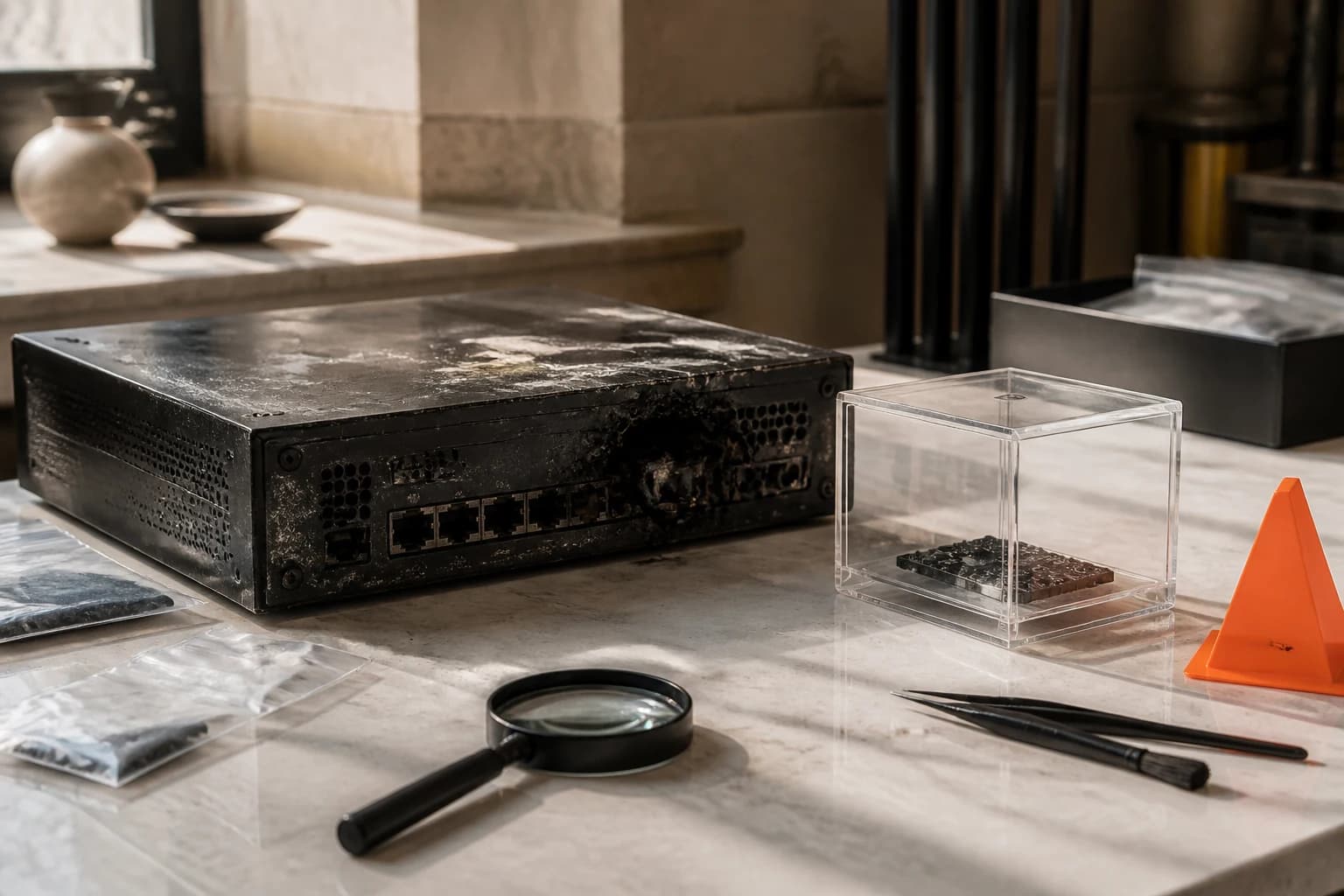 Gateway genérico danificado é isolado numa mesa de resposta forense