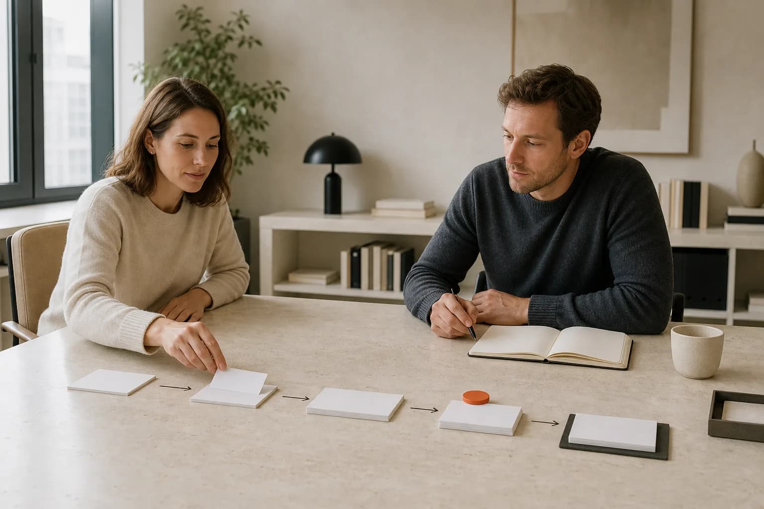 Two professionals move a request through physical stages toward a human-reviewed output