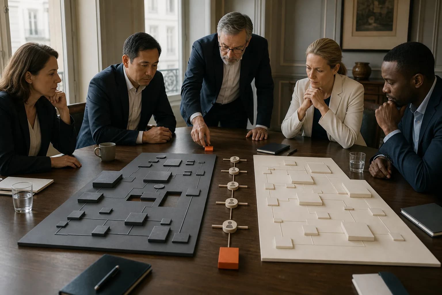 Leadership compares two physical system maps, current and target, connected by a short sequence of decisions