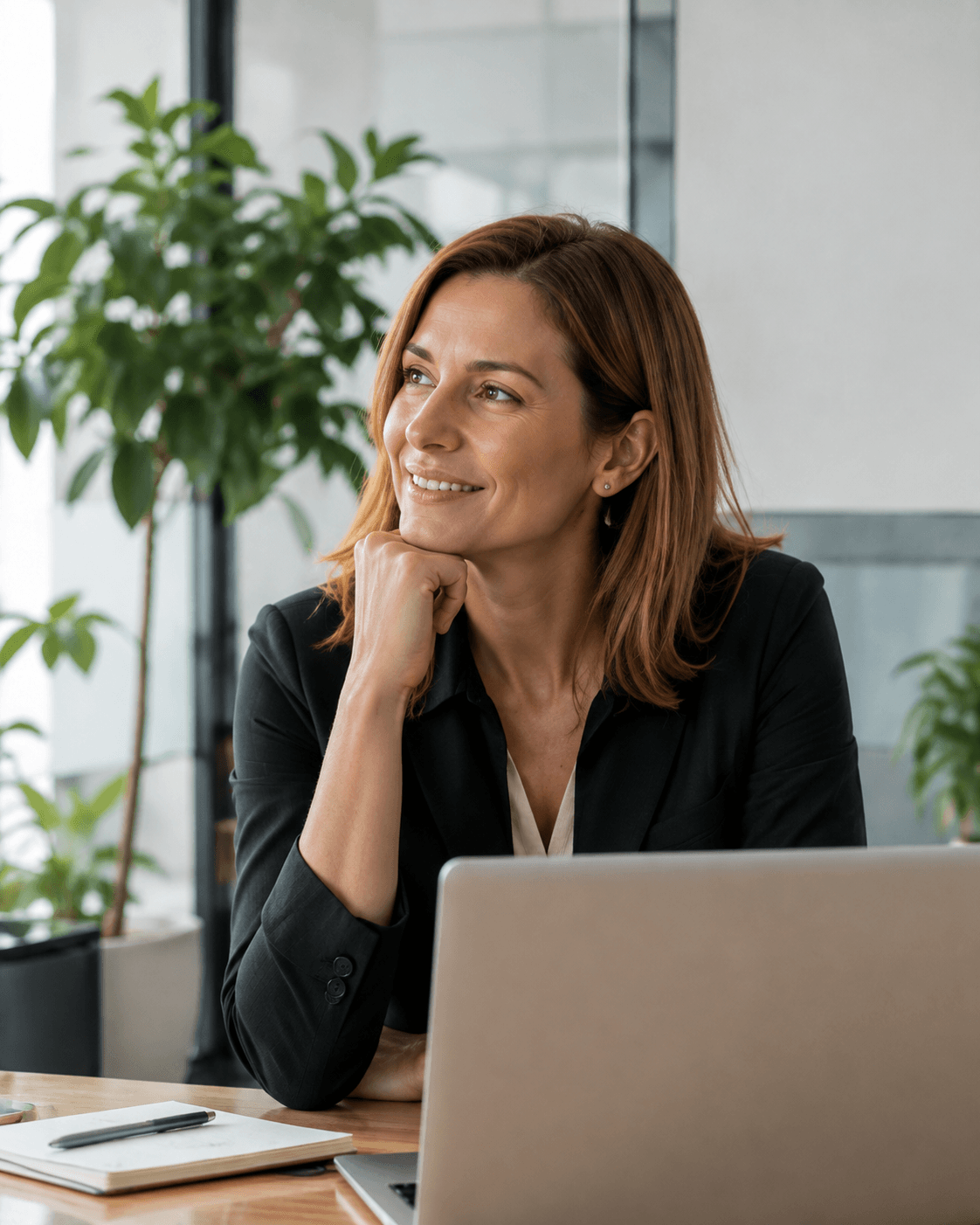 AI-generated illustrative image: a professional in a bright office, considering an idea.