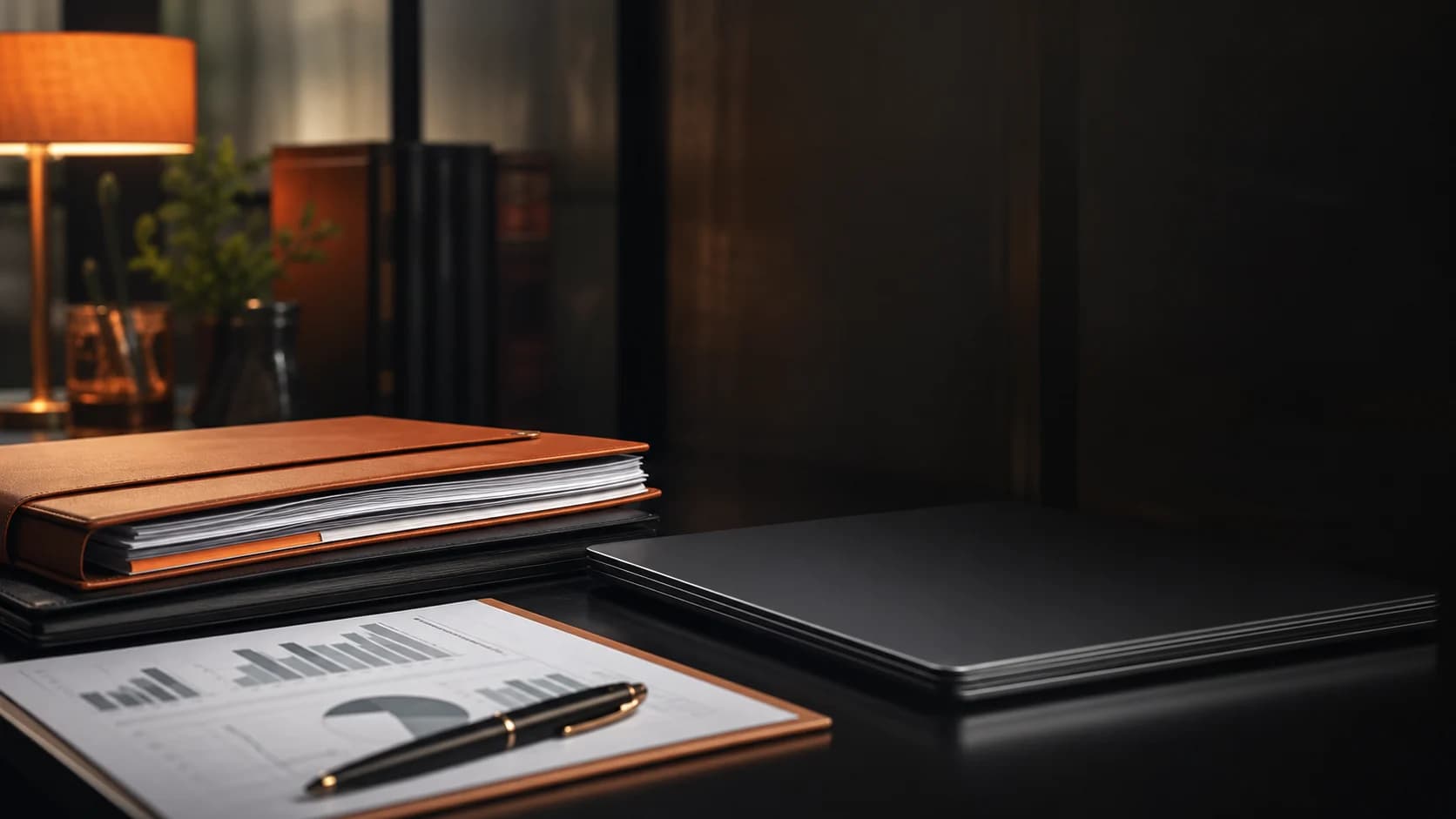 Closed dossier, financial report and laptop prepared for final handoff.