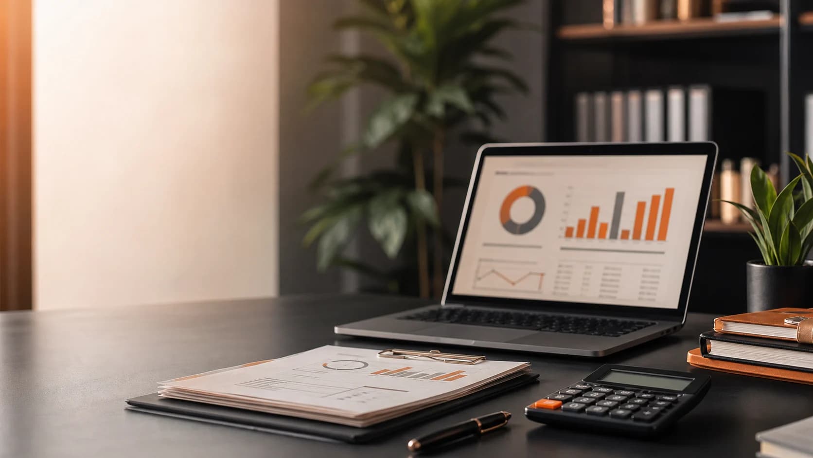 Accounting desk with a financial dashboard, dossier, calculator and review papers.