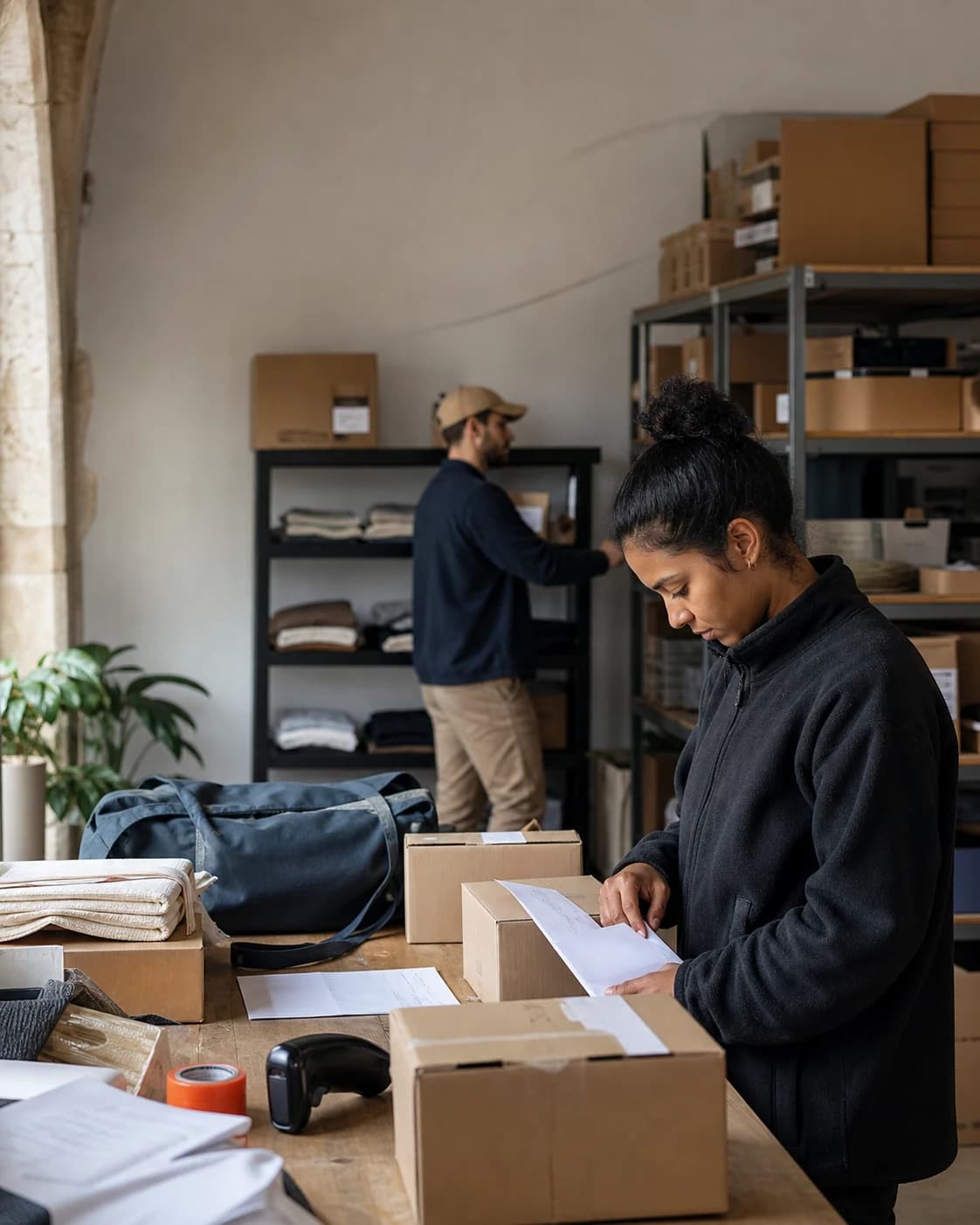 Fulfilment team checks a list and physical stock before dispatch.