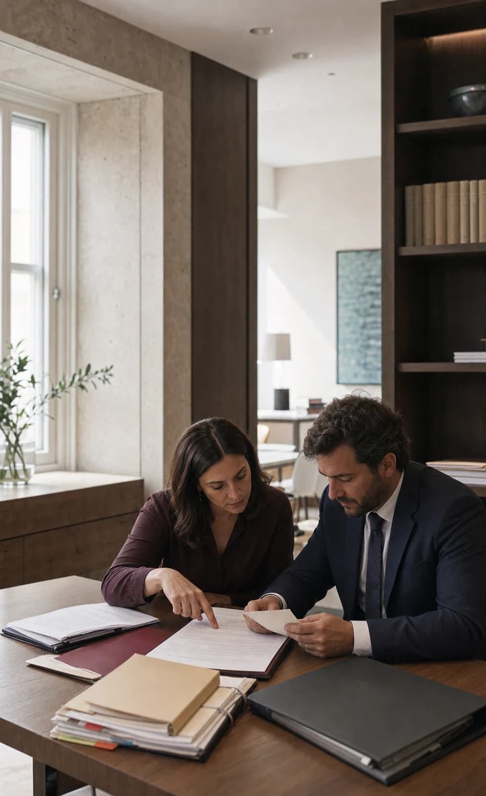 Lawyer and legal-operations coordinator review a contract and matter dossier.