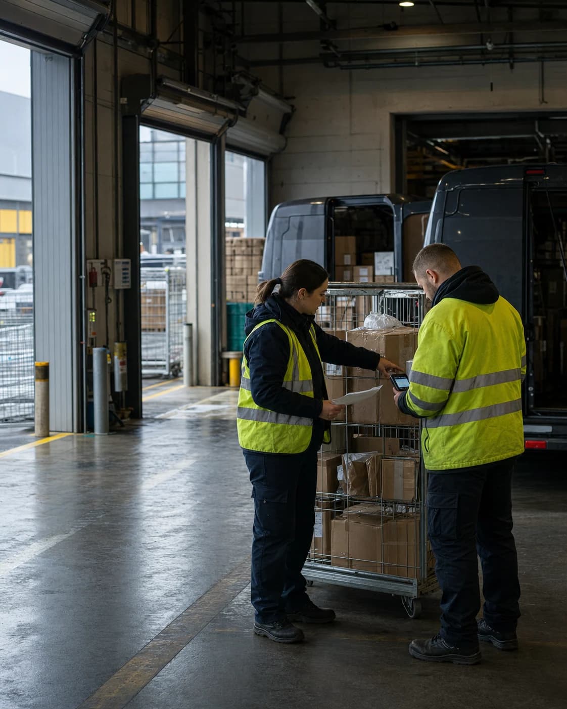 Dispatcher and driver confirm a load in a regional depot.
