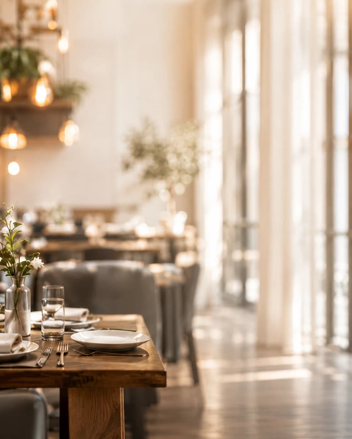 Restaurant dining room prepared for service in natural window light.