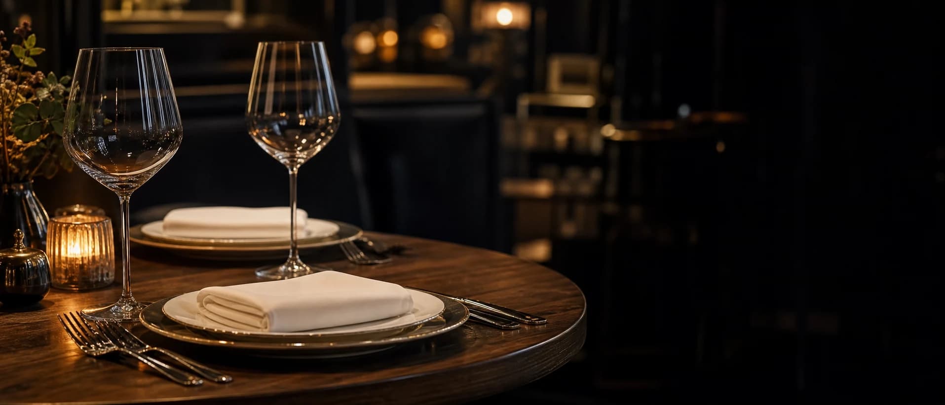 Restaurant table set before evening service in warm, low light.