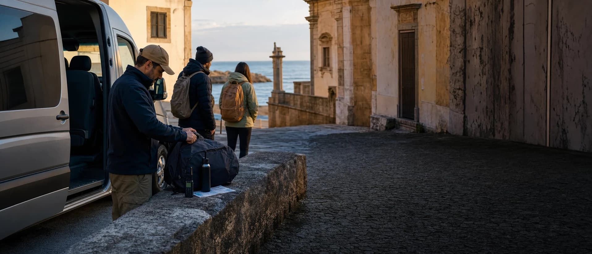 Guide checks equipment before a small-group departure in Portugal.