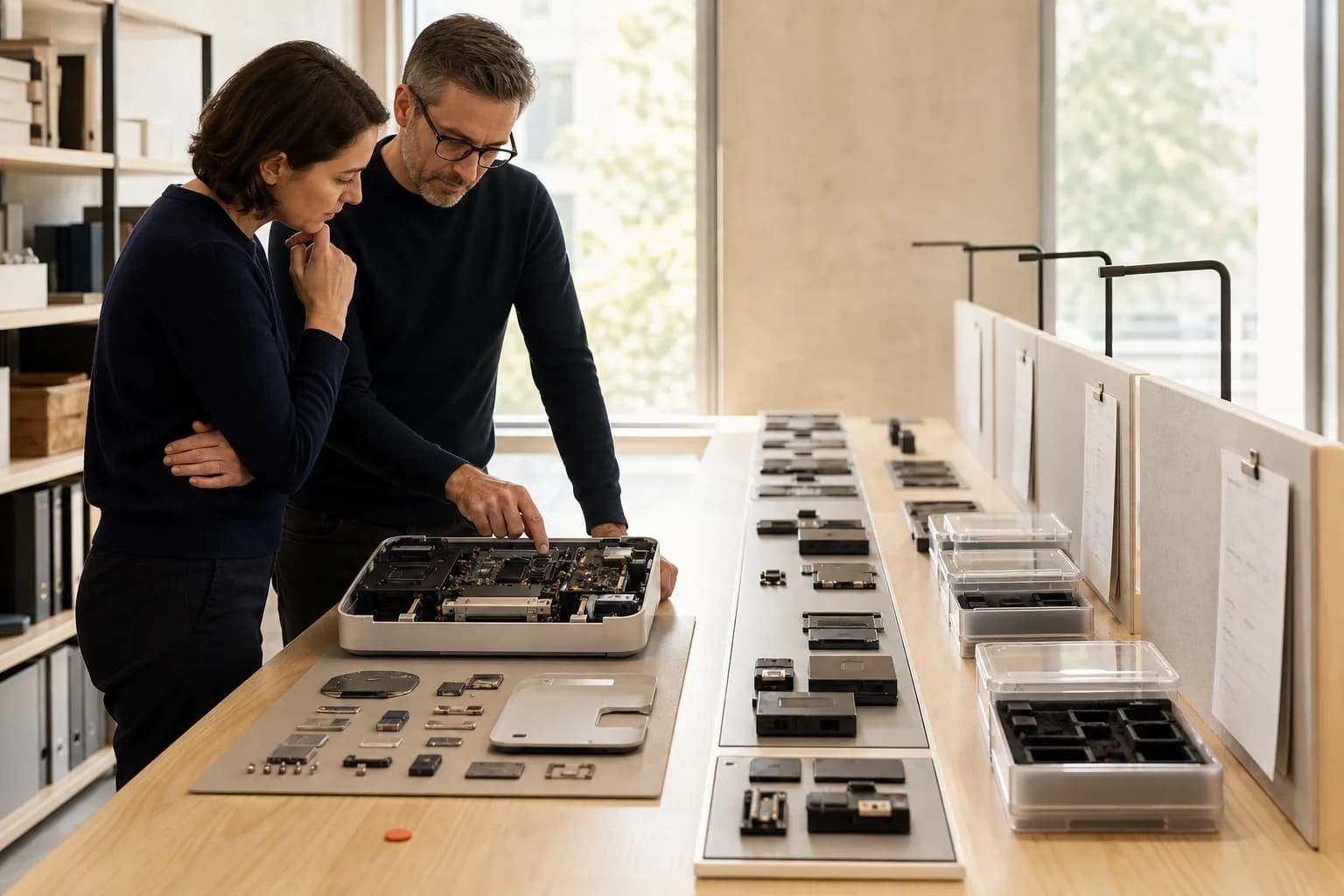 Conceptual image of two people examining a generic device and organized components