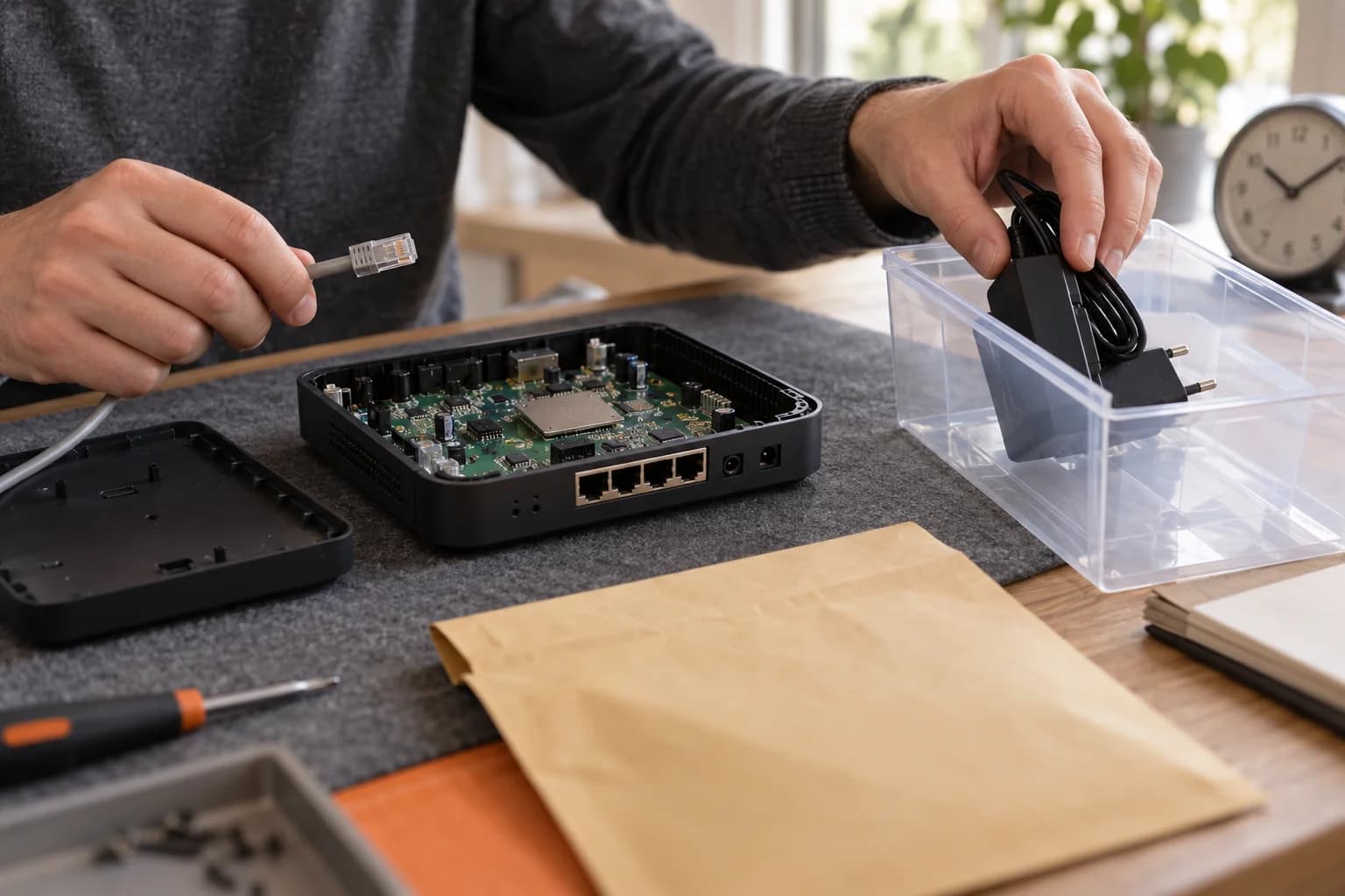 Conceptual scene of an opened network device, disconnected cable and power adapter in a box, with a clock in the background.