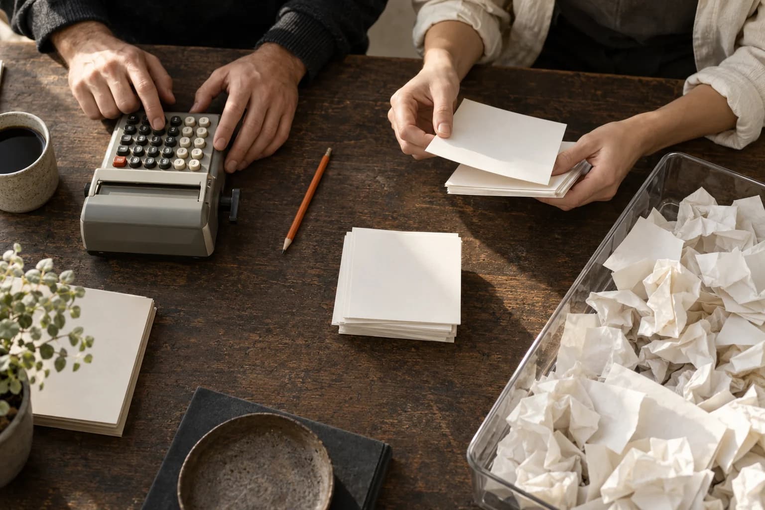 Conceptual scene of hands with a calculator and accepted cards beside rejected drafts in a transparent tray.
