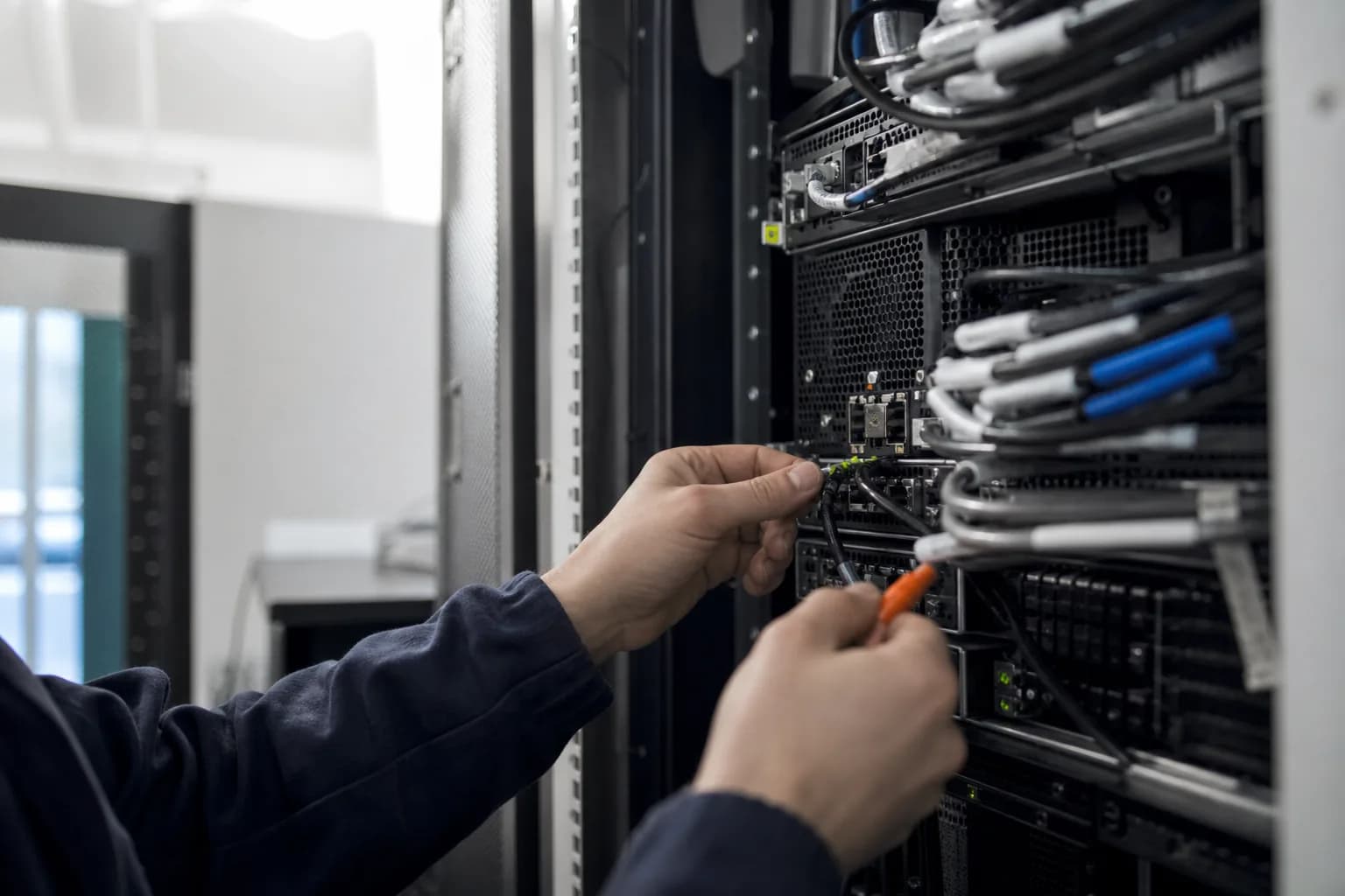 Técnico a inspecionar cabos num bastidor de servidores