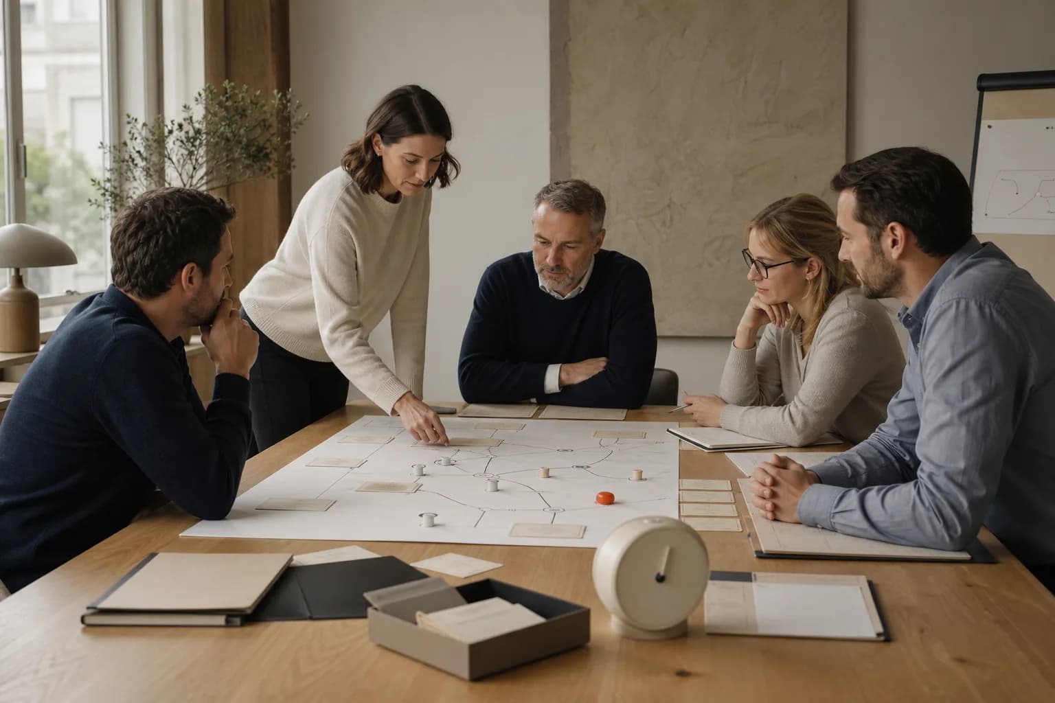 Equipa multidisciplinar realiza um exercício de mesa com mapa físico, cartões de cenário e relógio
