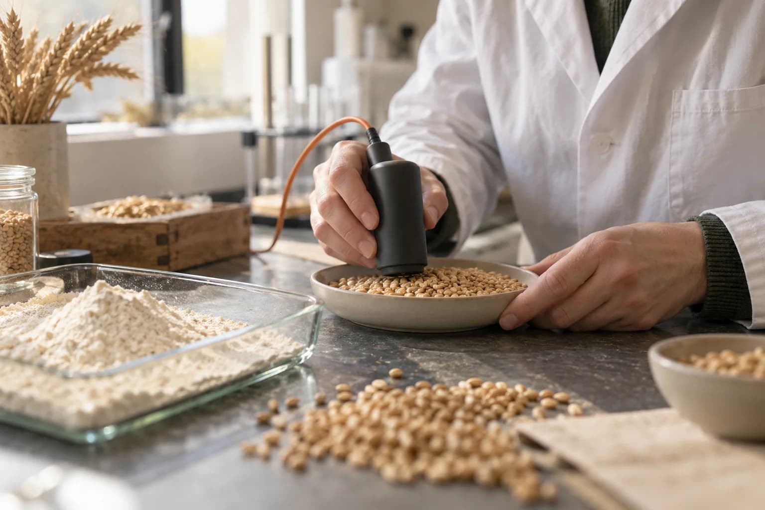 Conceptual scene of a technician examining wheat samples with a generic sensor at a quality-control bench.