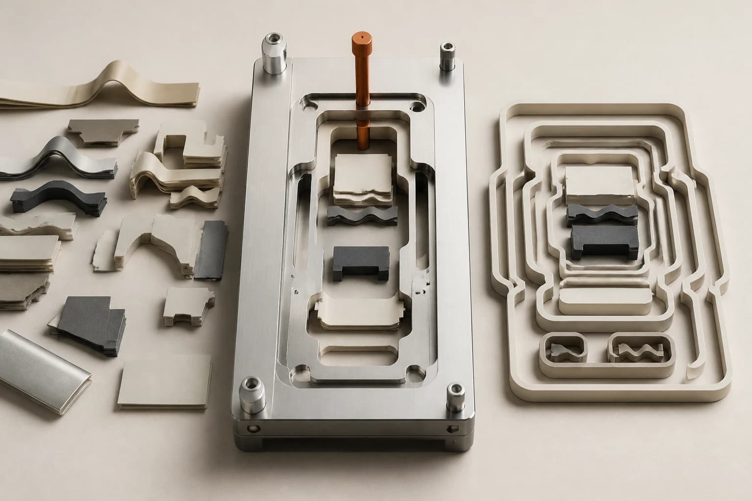 Ambiguous configuration pieces pass through a jig and emerge as explicit nested structures