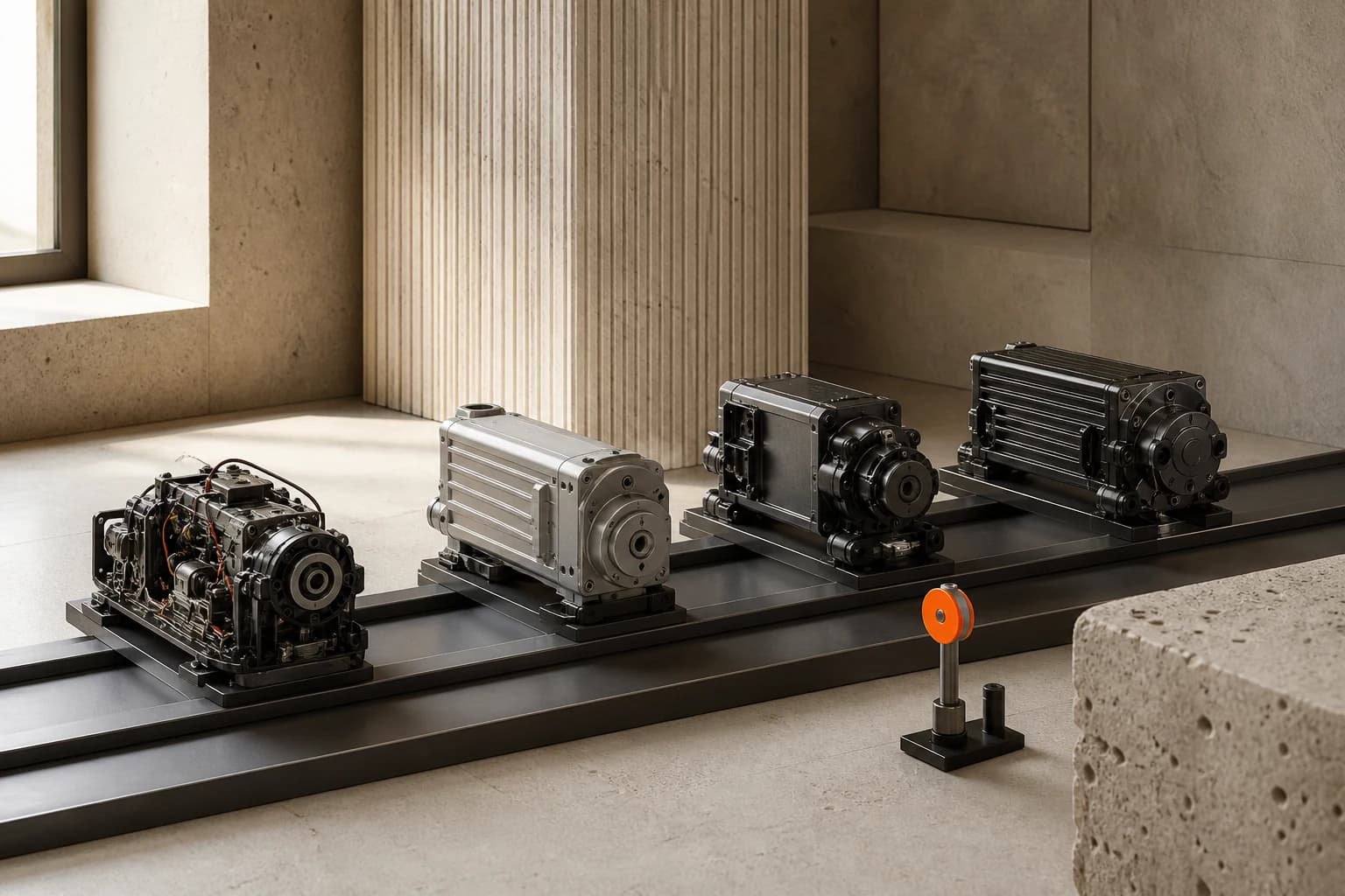 Four mechanical modules at different maturity stages travel on separate maintenance rails