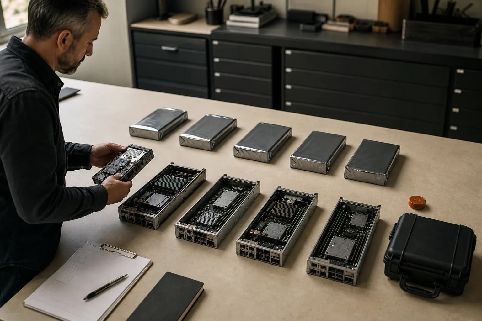 Engineer compares five server modules with update packages and a rollback case
