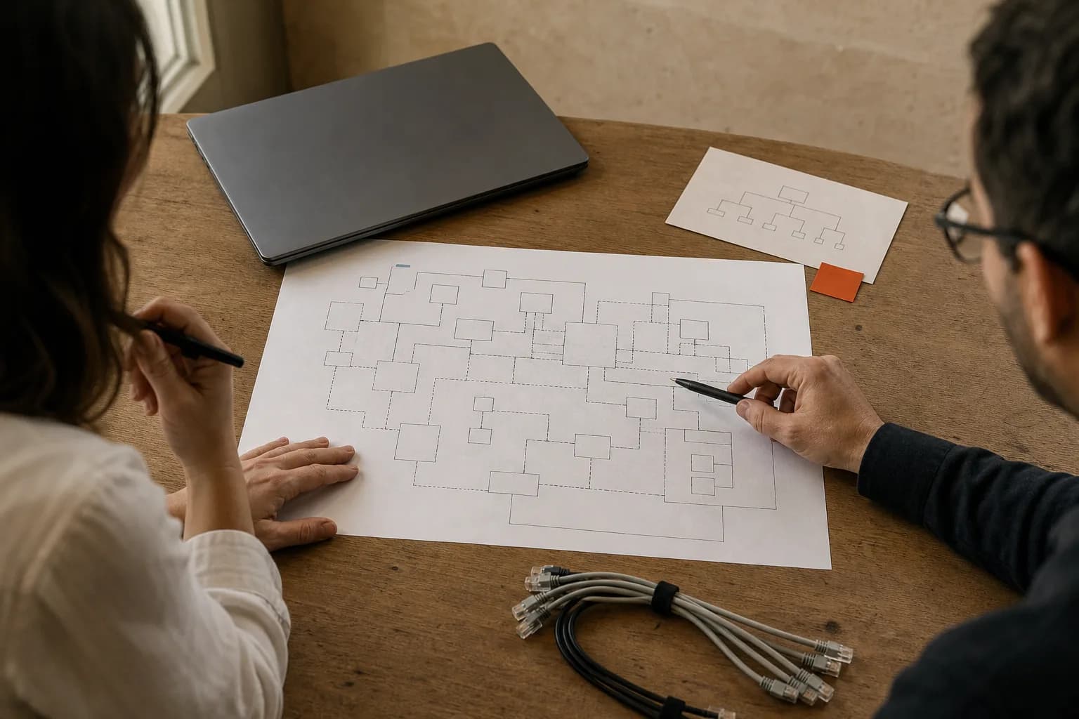 Duas pessoas analisam um mapa conceptual de dependências de serviços numa mesa