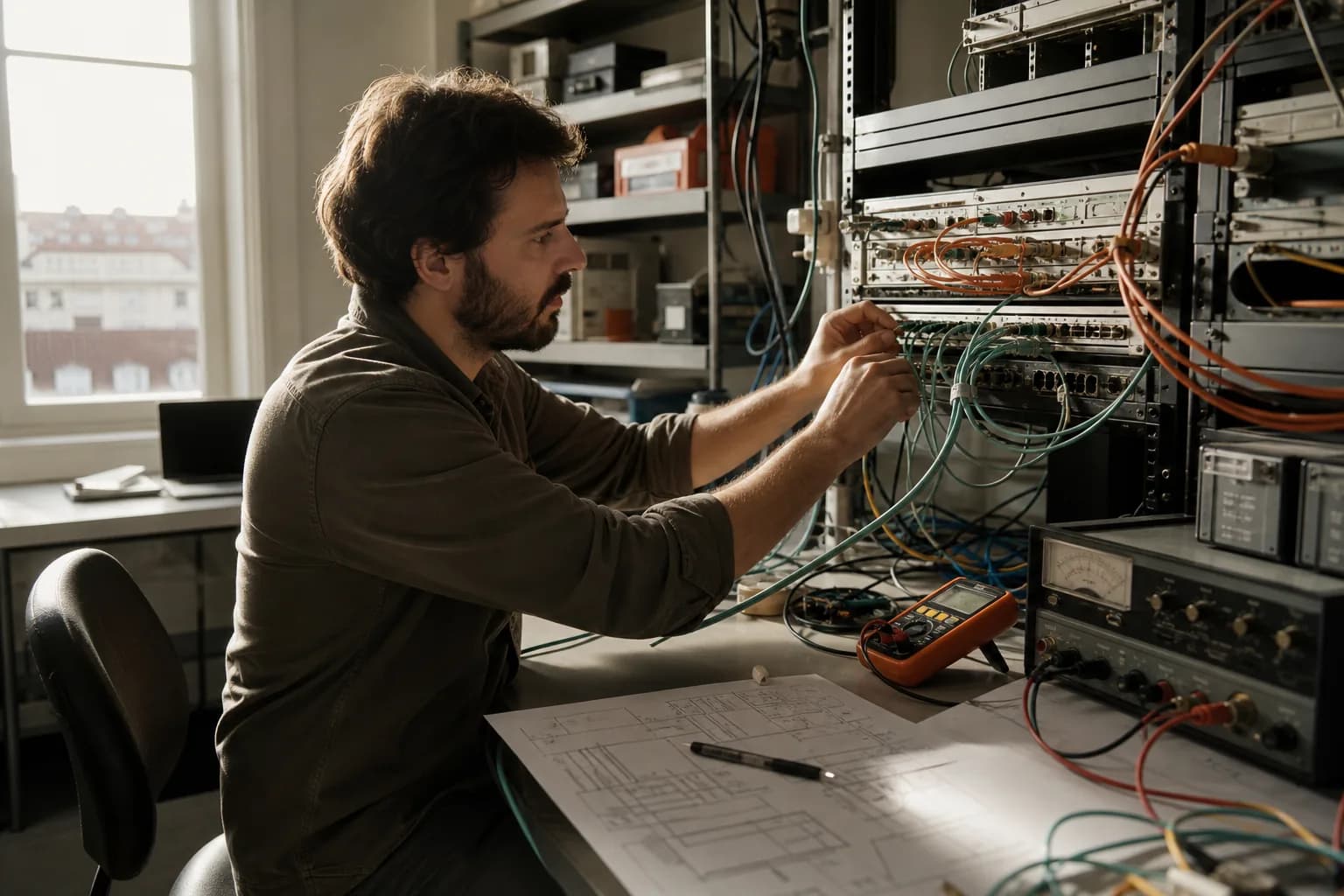 Engenheiro a seguir ligações num banco técnico de redes
