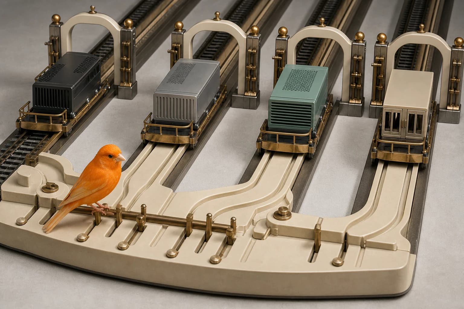 Conceptual editorial composition about one deadline, four platforms: build a patch train with separate gates
