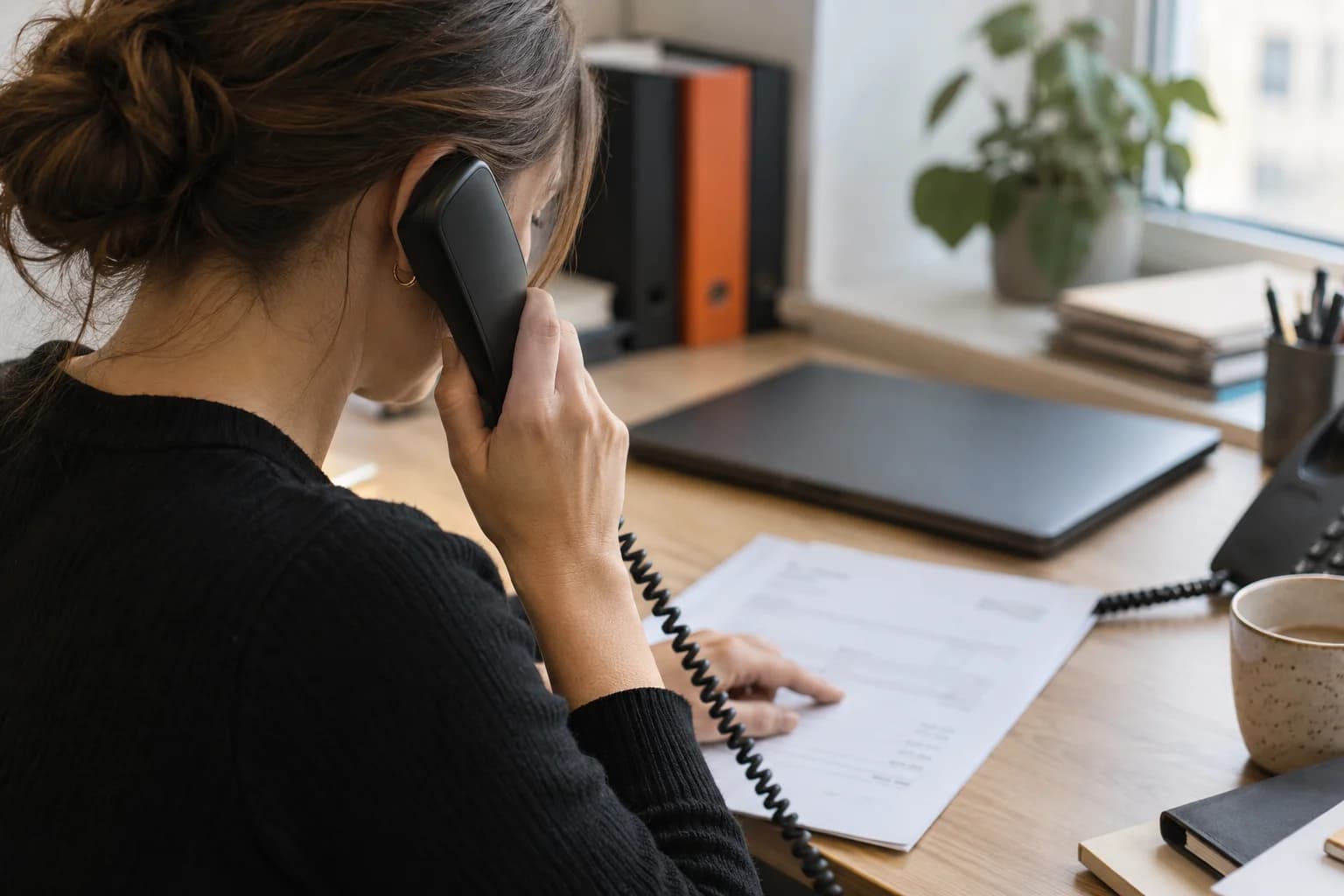 Conceptual scene of a person verifying an invoice by telephone, with a closed laptop on the desk.