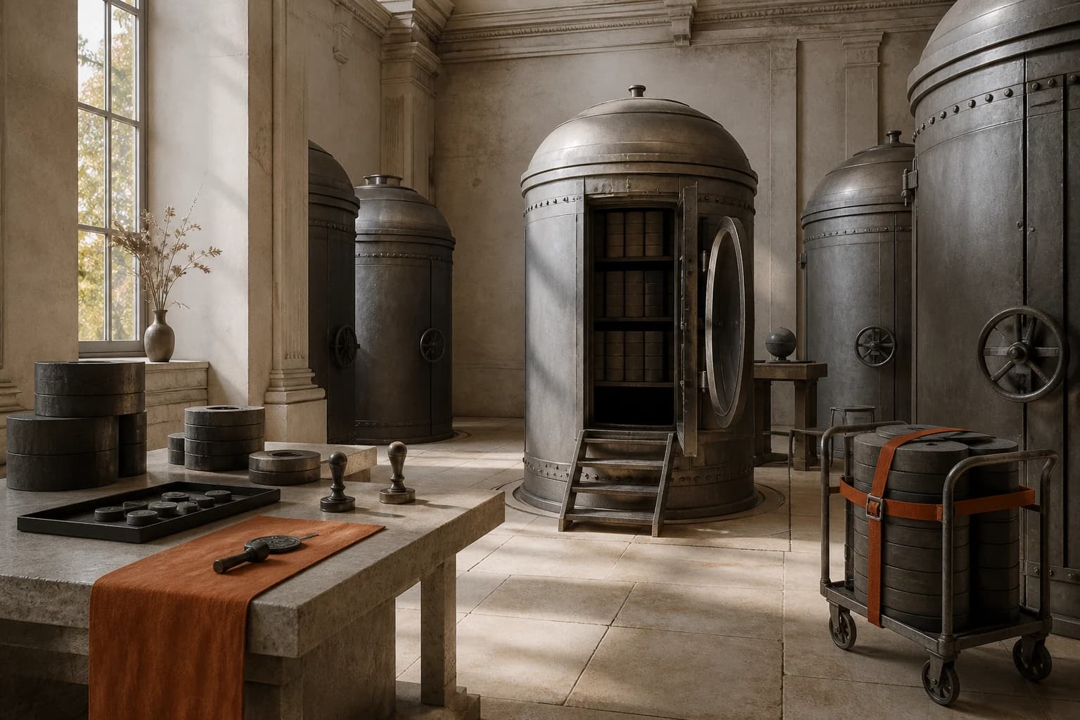 A cluster of cylindrical vaults is rehearsed with a replica, backups, and rollback trolley