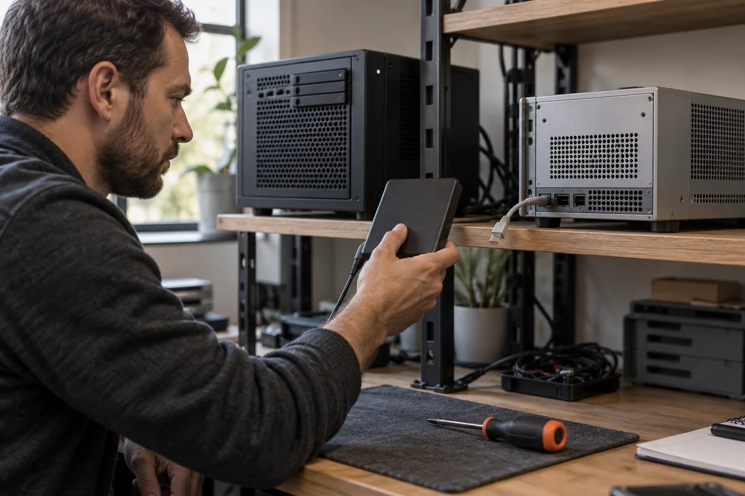 Conceptual scene of a technician holding a backup drive beside two generic servers, one with a disconnected connection.