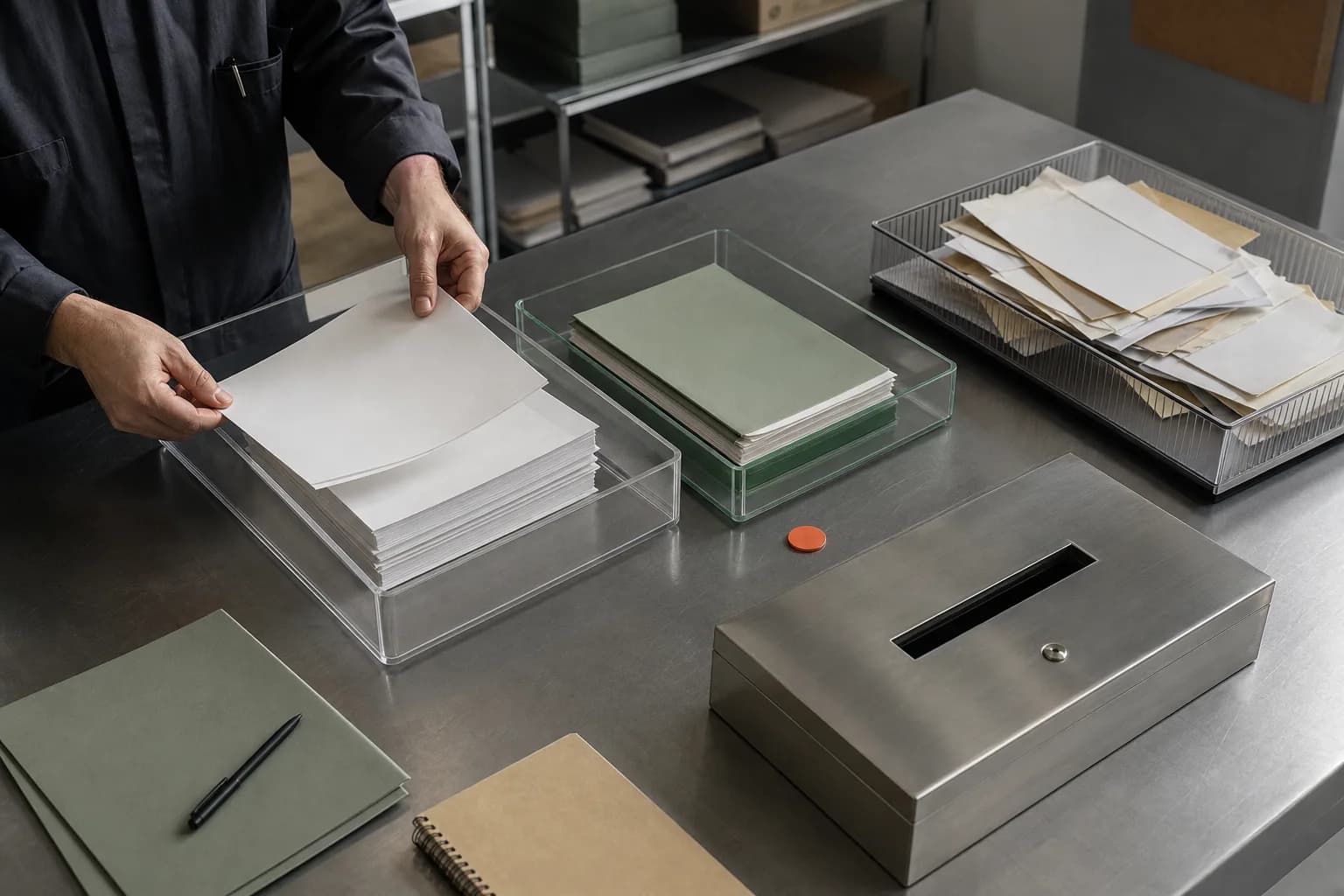 Conceptual illustration of documents separated into trays before entering an archive