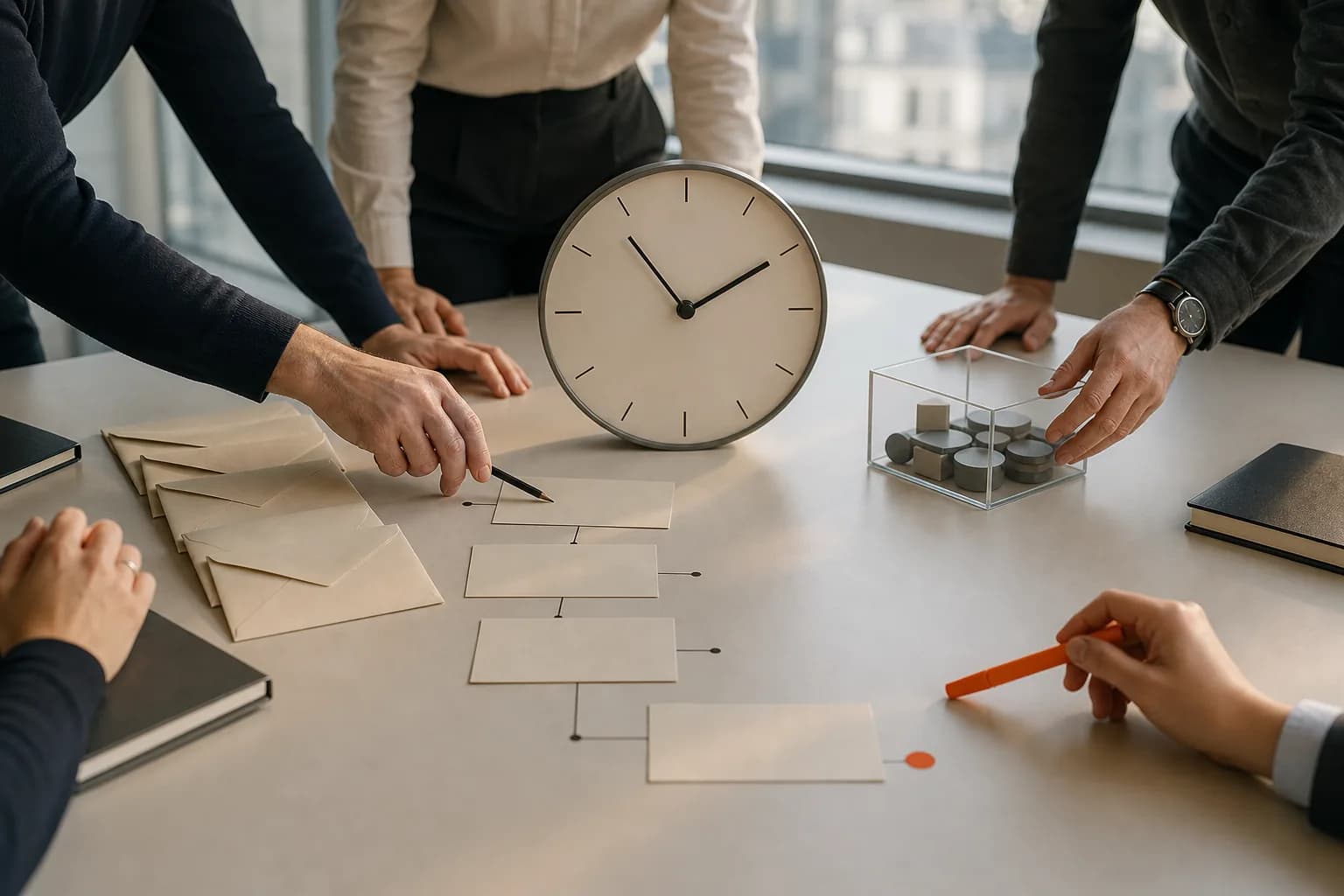 Team coordinates a clock, envelopes, and a decision chain around contained abstract data