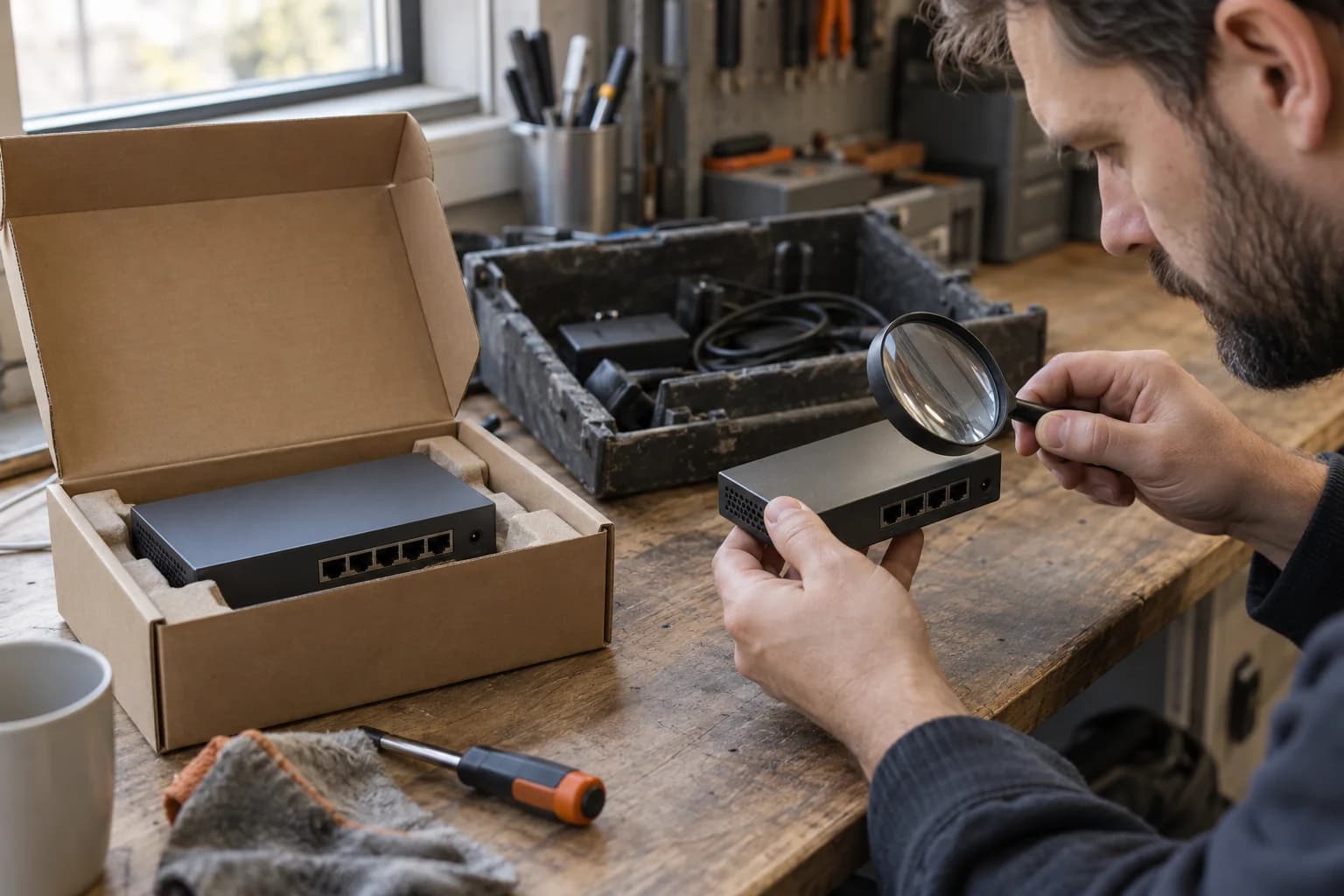 Technician examines a network device with a magnifier beside another device in an open box.