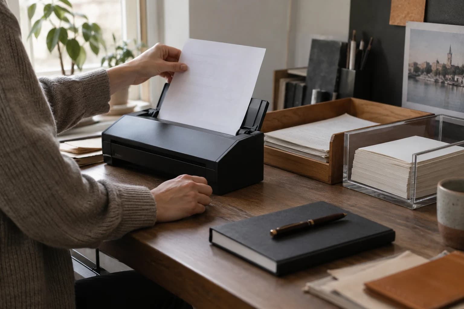 Person places a sheet in a scanner, with documents separated in a tray and behind a transparent divider.