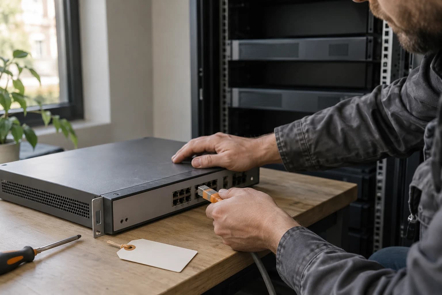Technician holds a network connector on equipment separated from the rack in the background.