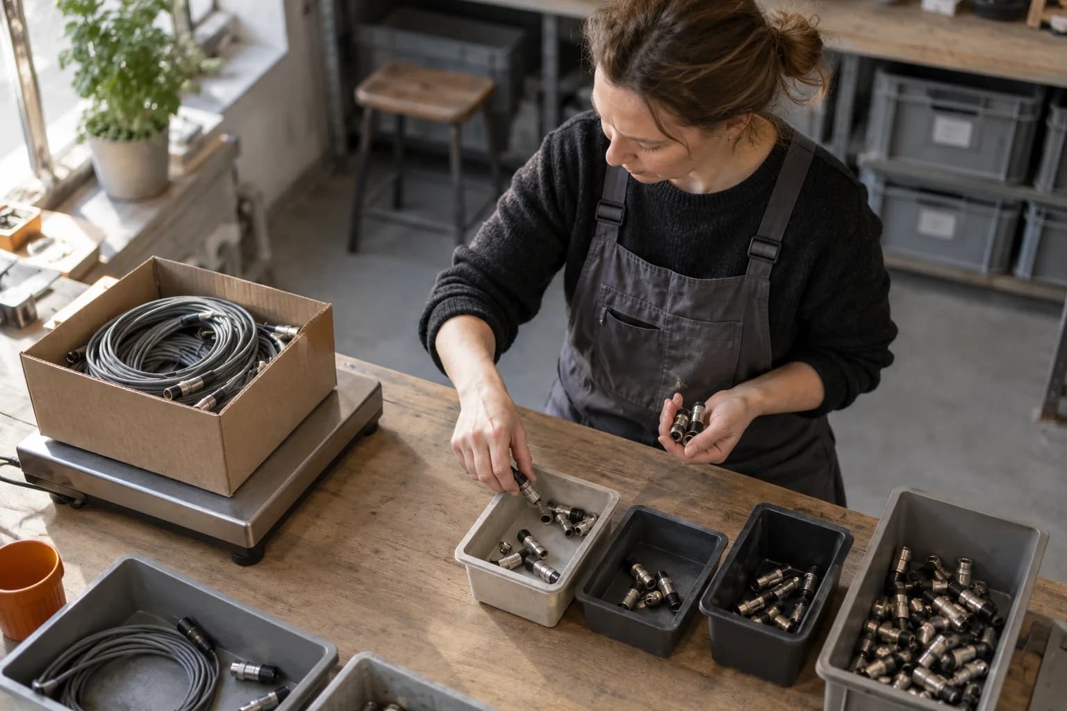 Technician sorts connectors into trays beside a box of cables on a scale.
