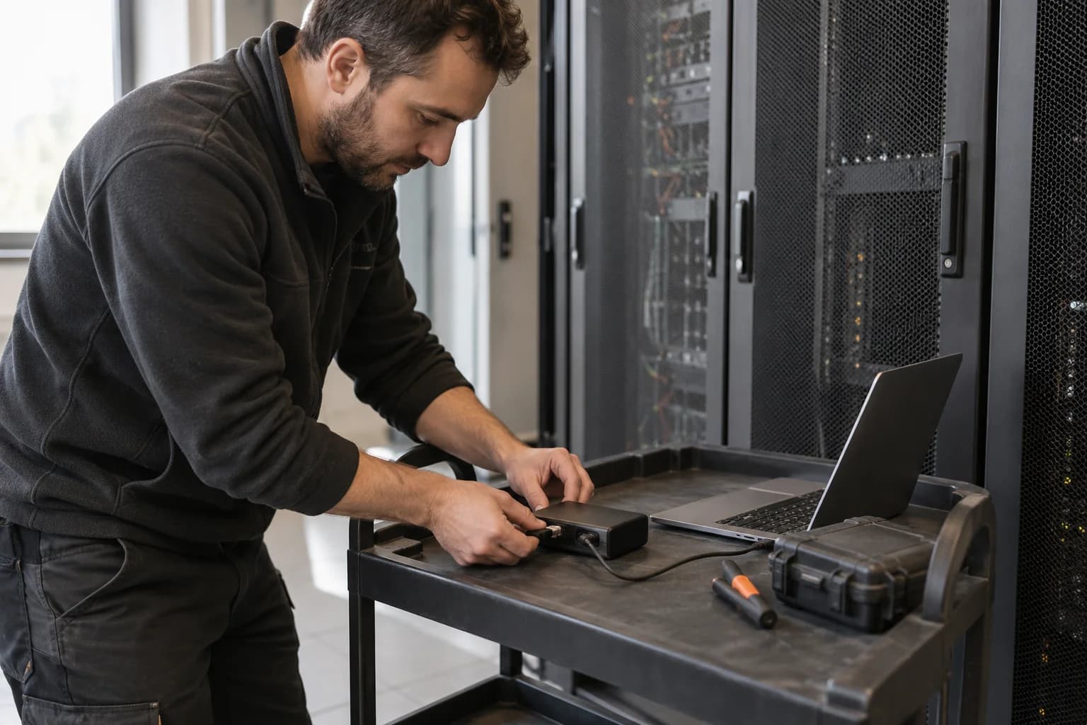 Technician connects an external drive to a laptop on a workbench separate from the racks behind.