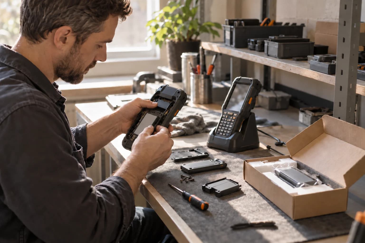 Technician works inside a handheld terminal with spare parts and a second unit on the workbench.
