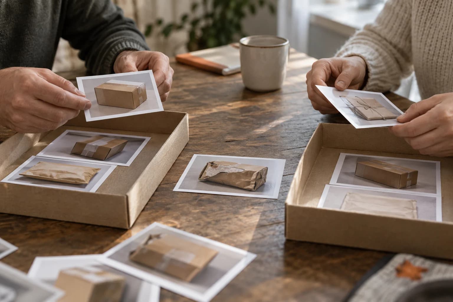 Two people compare parcel photographs sorted into trays, with one photograph between them.