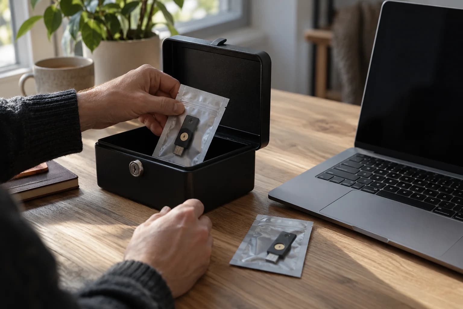 Person places an authentication key in a pouch inside a lockbox, with another key kept separately.