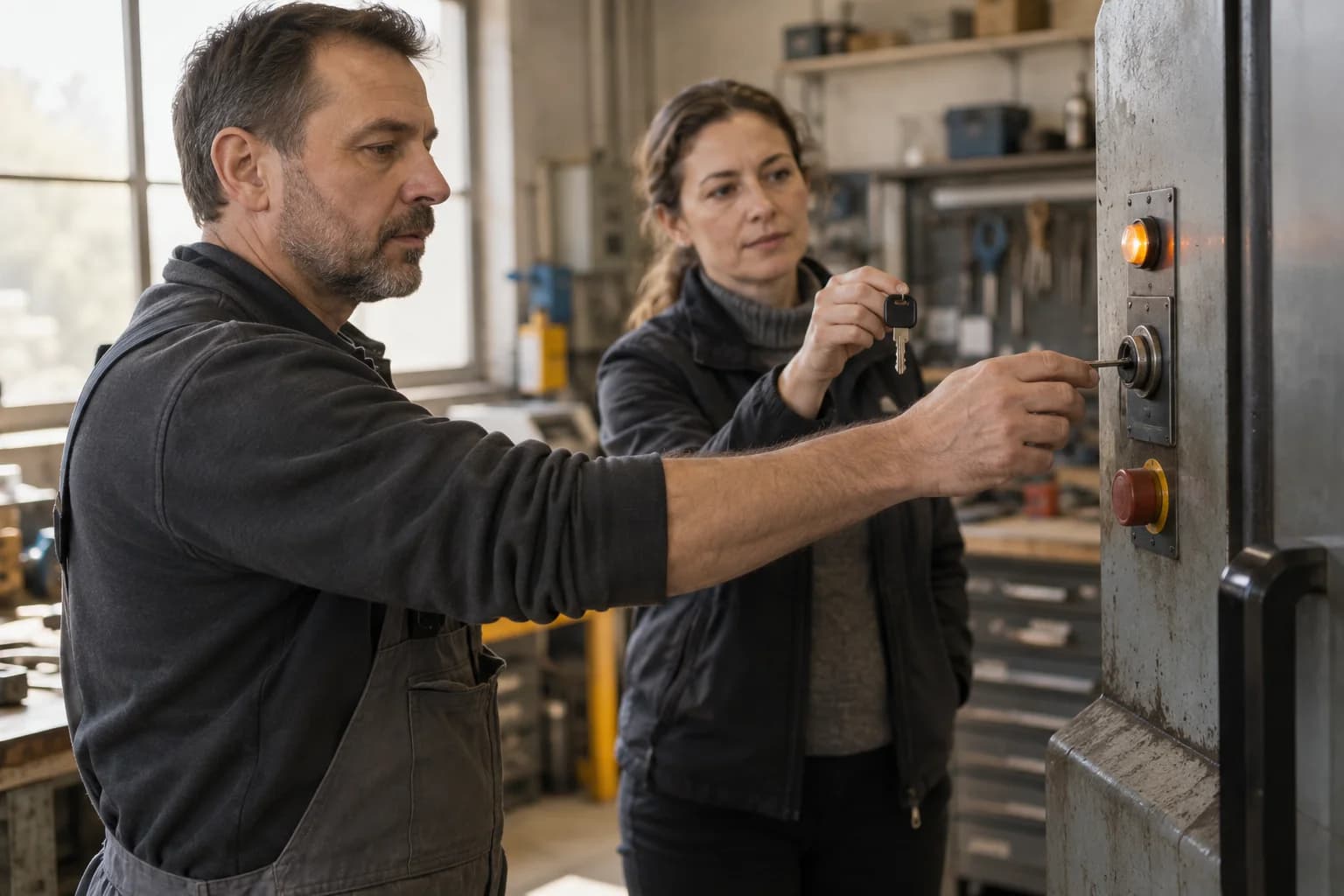 Two people beside an industrial panel with a warning light and a key-operated switch.