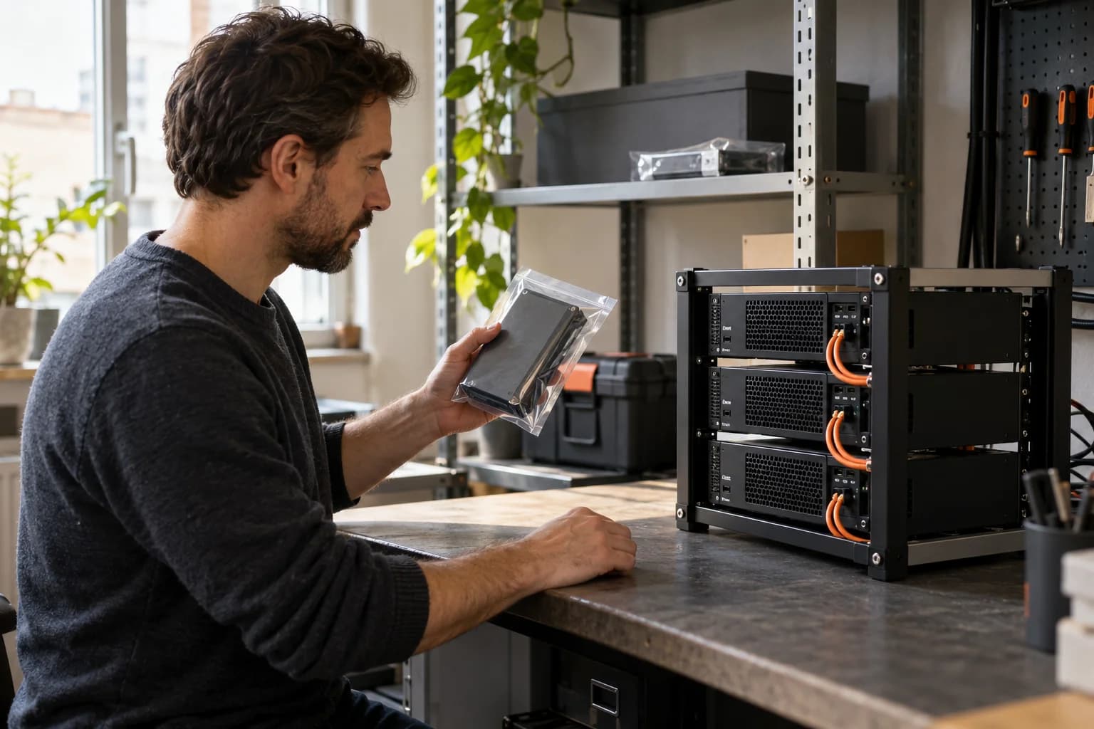 Technician holds a storage device in a pouch beside a compact rack containing three units.