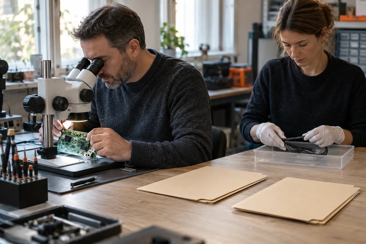 Technician examines a circuit board under a microscope while another person separates cables in a clear box.