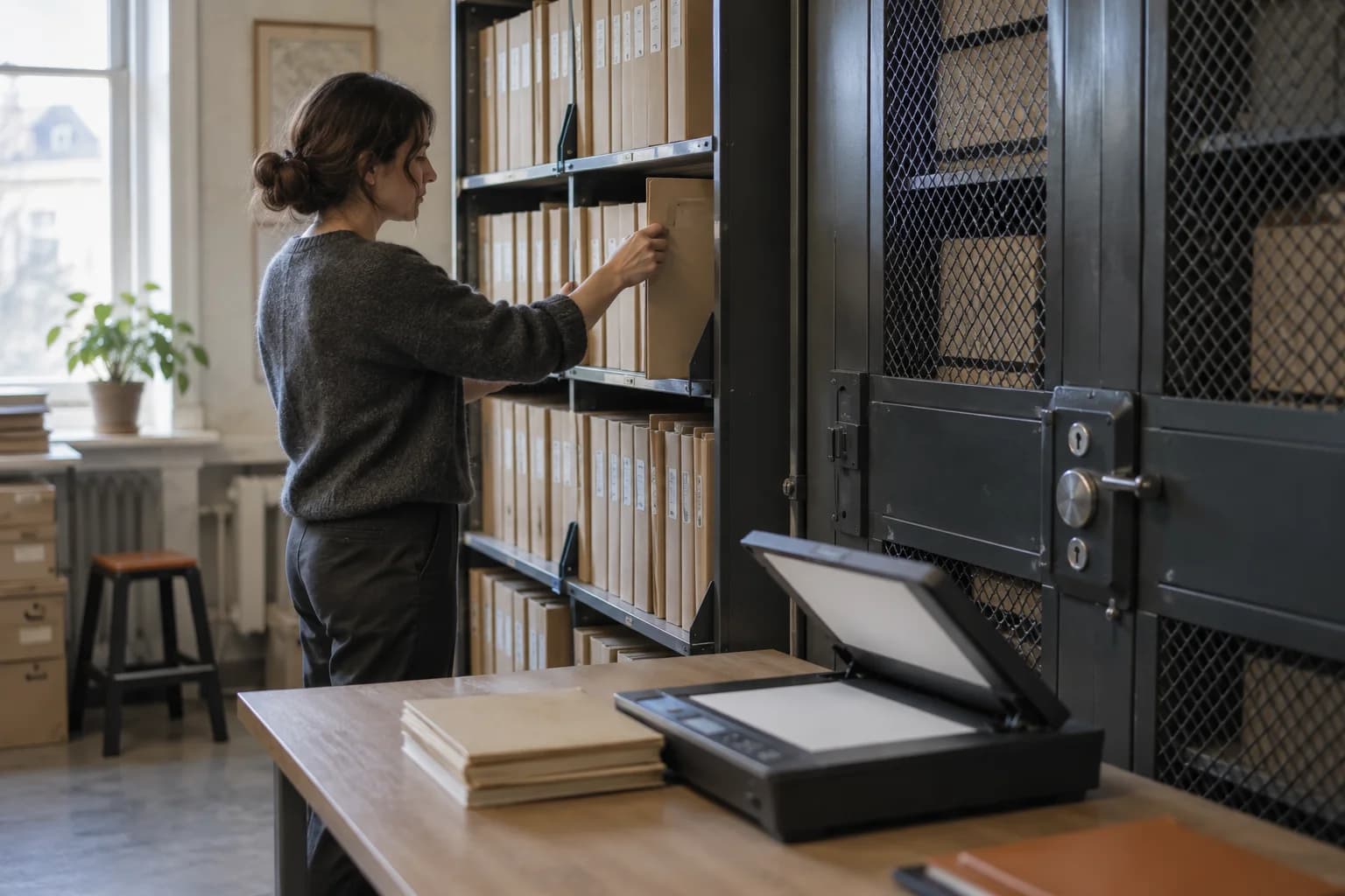 Person retrieves an archive folder beside a locked cabinet and a scanner.