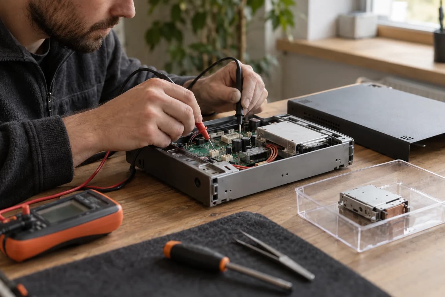 Technician uses test probes on a board inside open equipment, with a separate component in a tray.