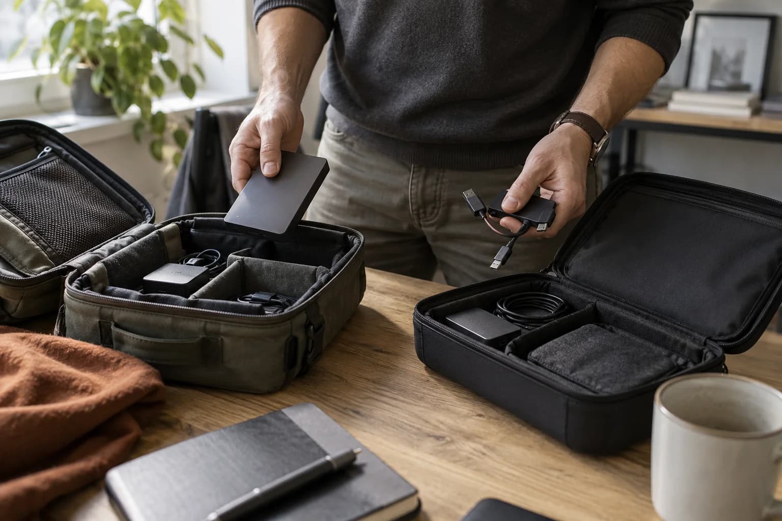 Person compares a storage device and adapters between two open equipment cases.