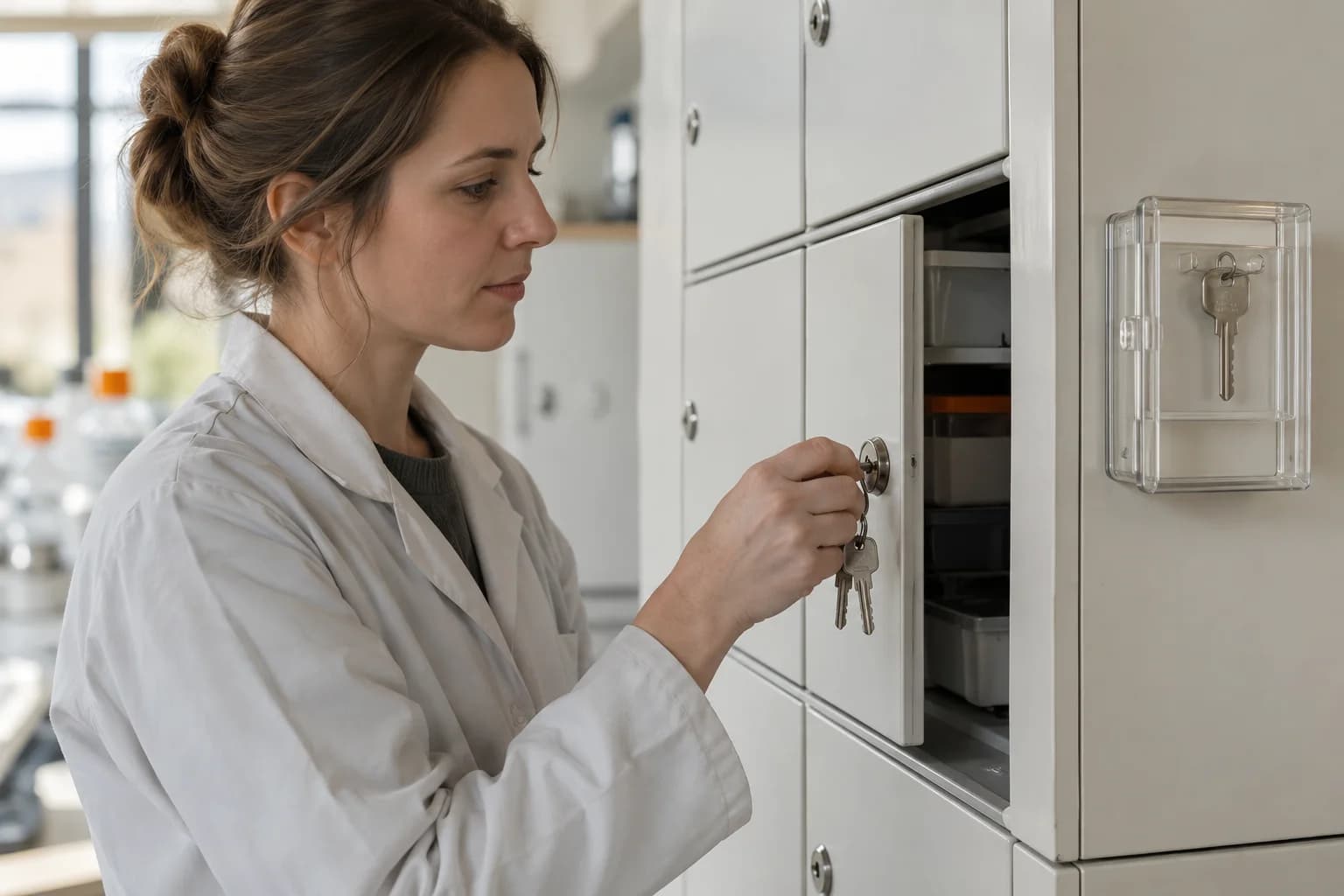 Person uses a key on one cabinet compartment, with another key in a closed holder nearby.