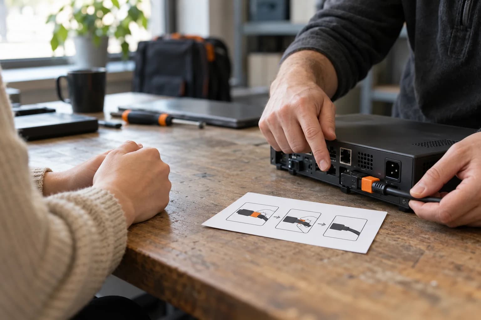 Technician shows another person a device's rear connection beside a sheet with an illustrated sequence.