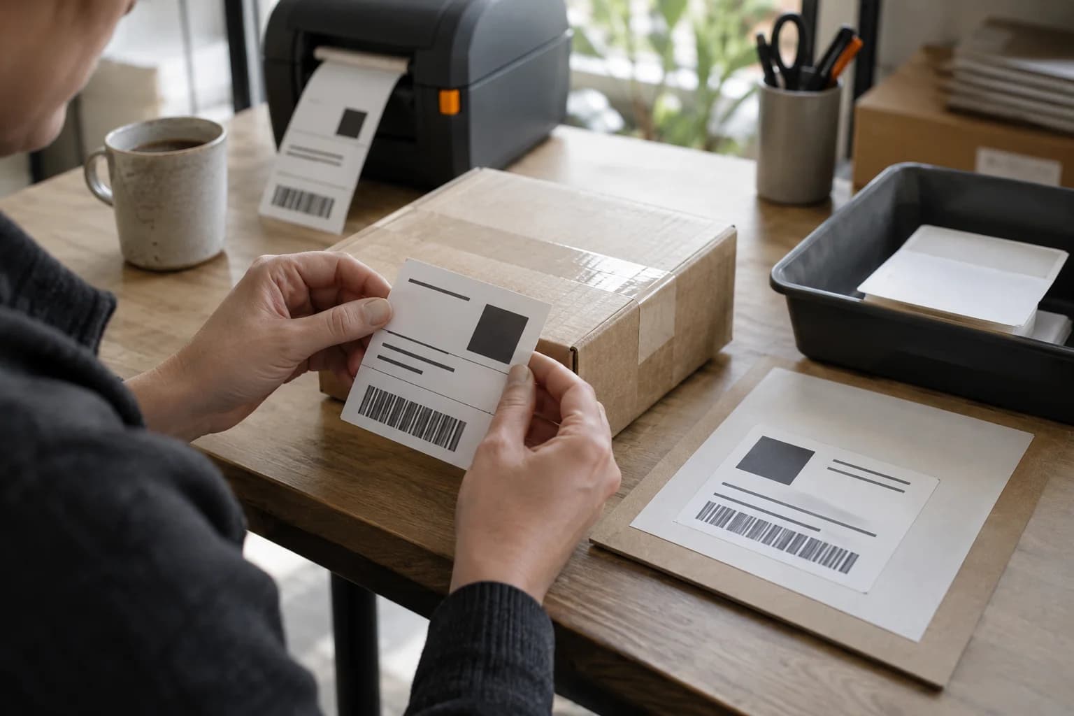 Person compares two labels with printed shapes and bars beside a parcel and a printer.