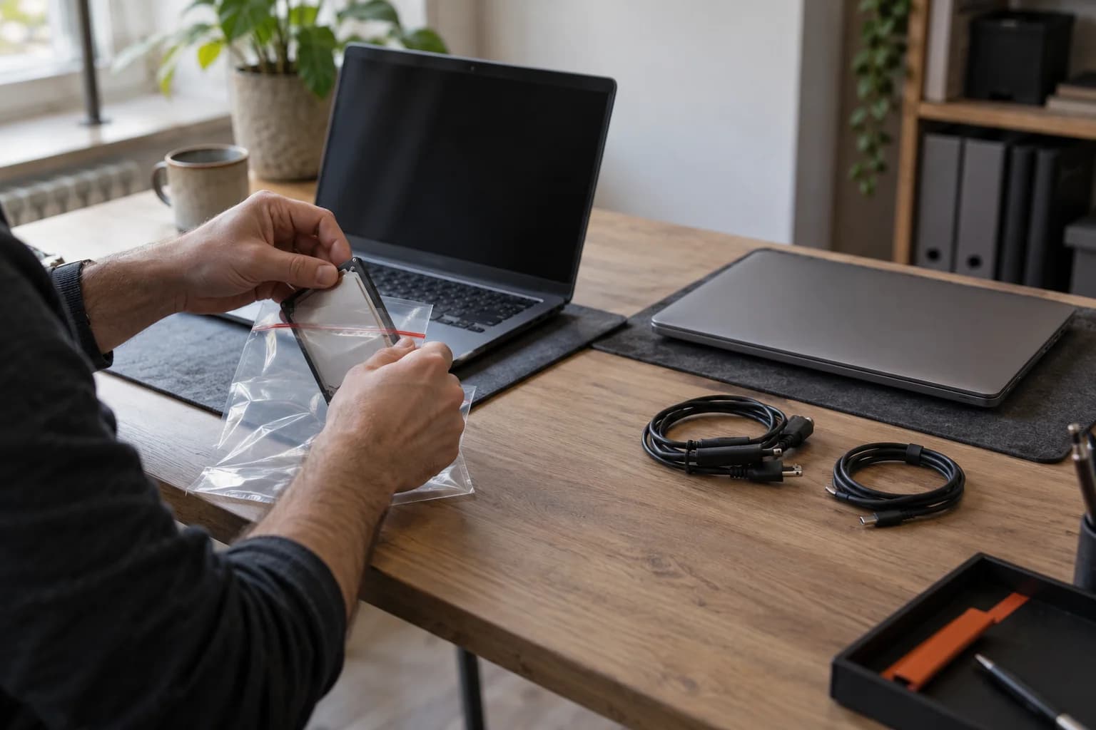 Person places a storage drive in a pouch, with two separate laptops and disconnected cables.