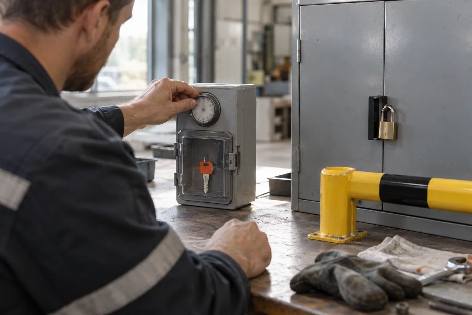 Technician adjusts a timer on a transparent key box beside a locked cabinet and a barrier.