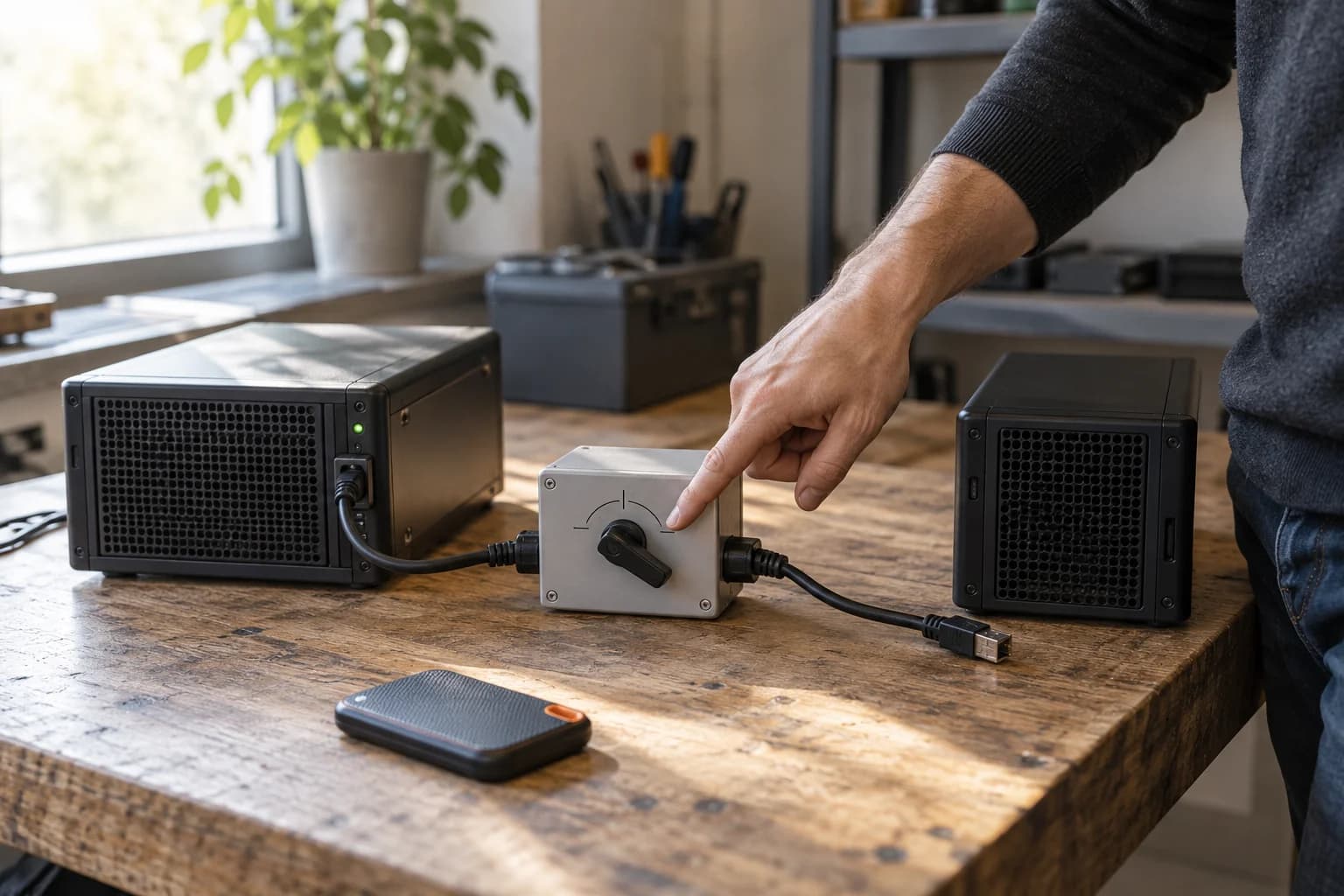 Person points to a switch between two network units, with a separate external drive in front.